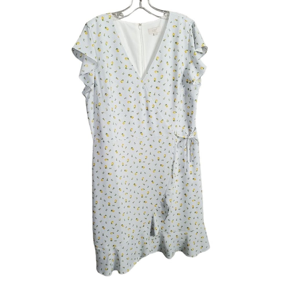 Loft Size 14 Dress Long Gingham Floral Flutter Sleeve Faux Wrap Ruffle Hem Lined